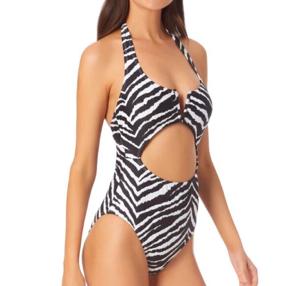 Macy’s Exclusive California Waves Swimsuit Zebra Print Cutout One Piece - L - Picture 1 of 4